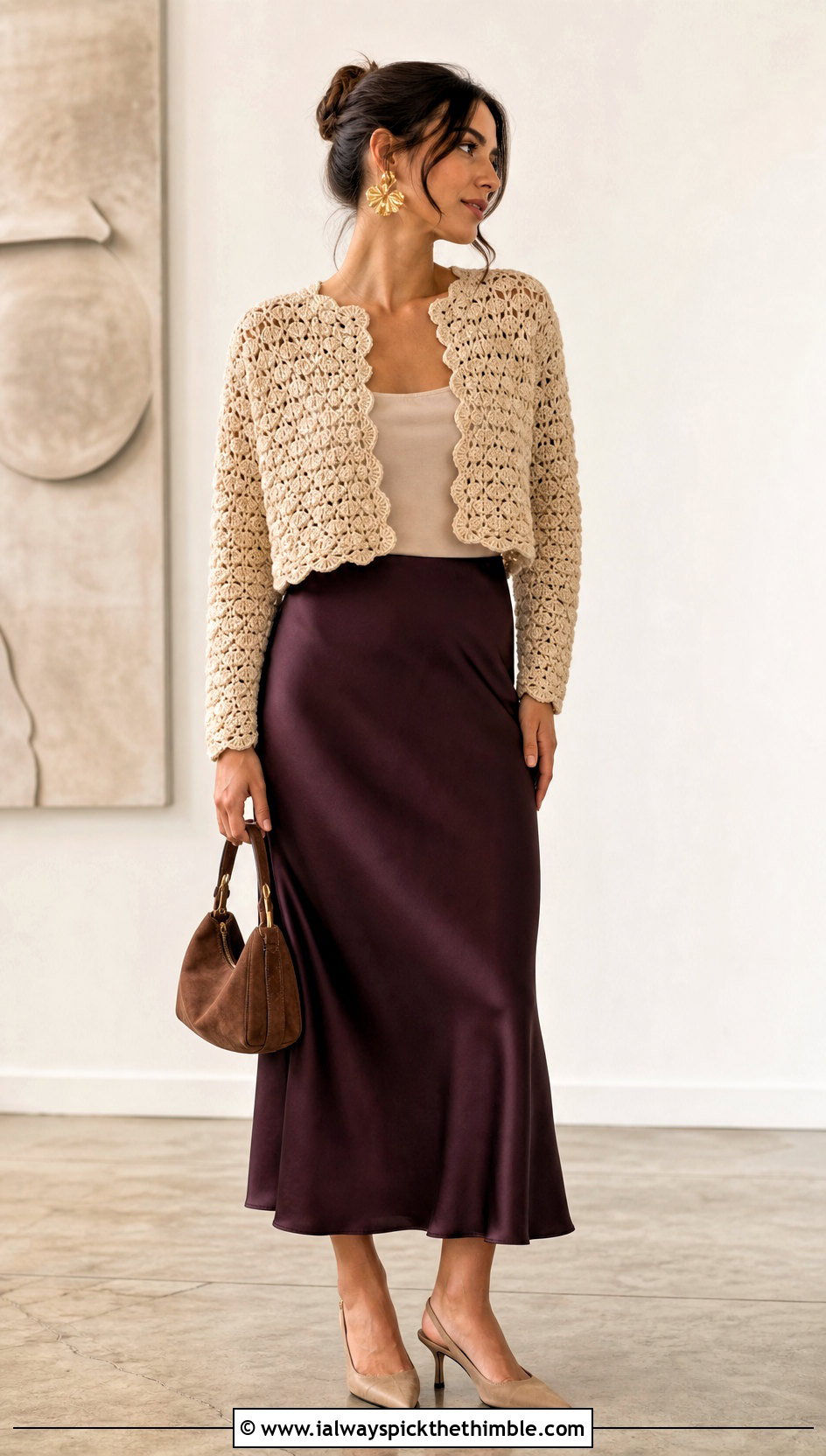 Beige Cropped Shell Stitch Crochet Sweater With Satin Midi Skirt - 15 Beige Crochet Sweater On Hanger outfit ideas
