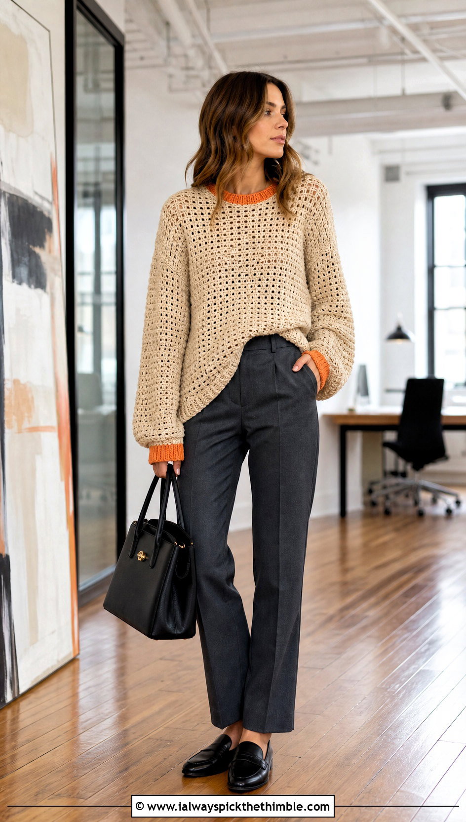Beige Drop Shoulder Sweater With Tailored Trousers - 15 Beige Crochet Sweater On Wooden Floor outfit ideas