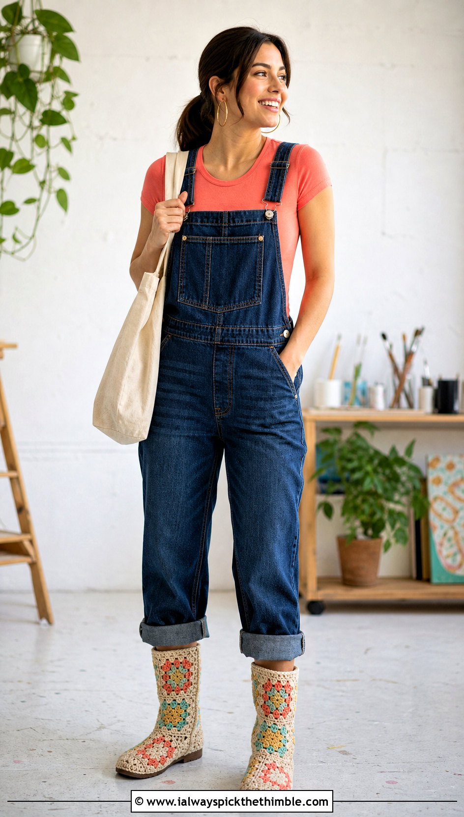 Beige Granny Square Crochet Boots With Denim Overalls - 15 beige crochet boots outfit ideas