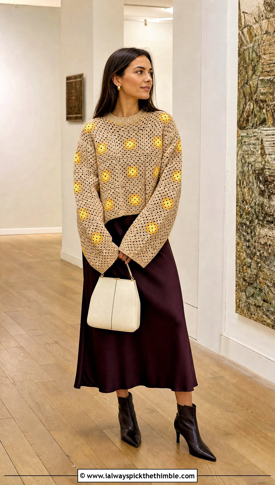 Beige Granny Square Sweater With Satin Midi Skirt - 15 Beige Crochet Sweater On Wooden Floor outfit ideas