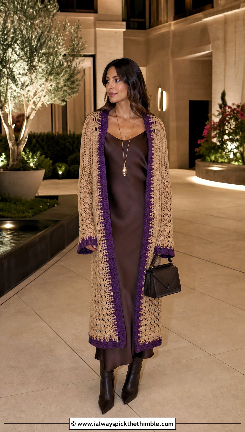 Beige Longline Crochet Cardigan Sweater With Slip Dress - 20 Brown And Beige Crochet Sweater outfit ideas