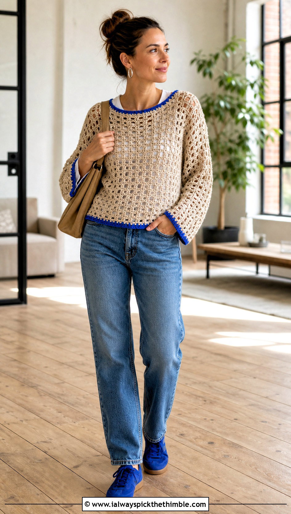 Beige Openwork Crew Neck Sweater With Straight Leg Jeans - 15 Beige Crochet Sweater On Wooden Floor outfit ideas
