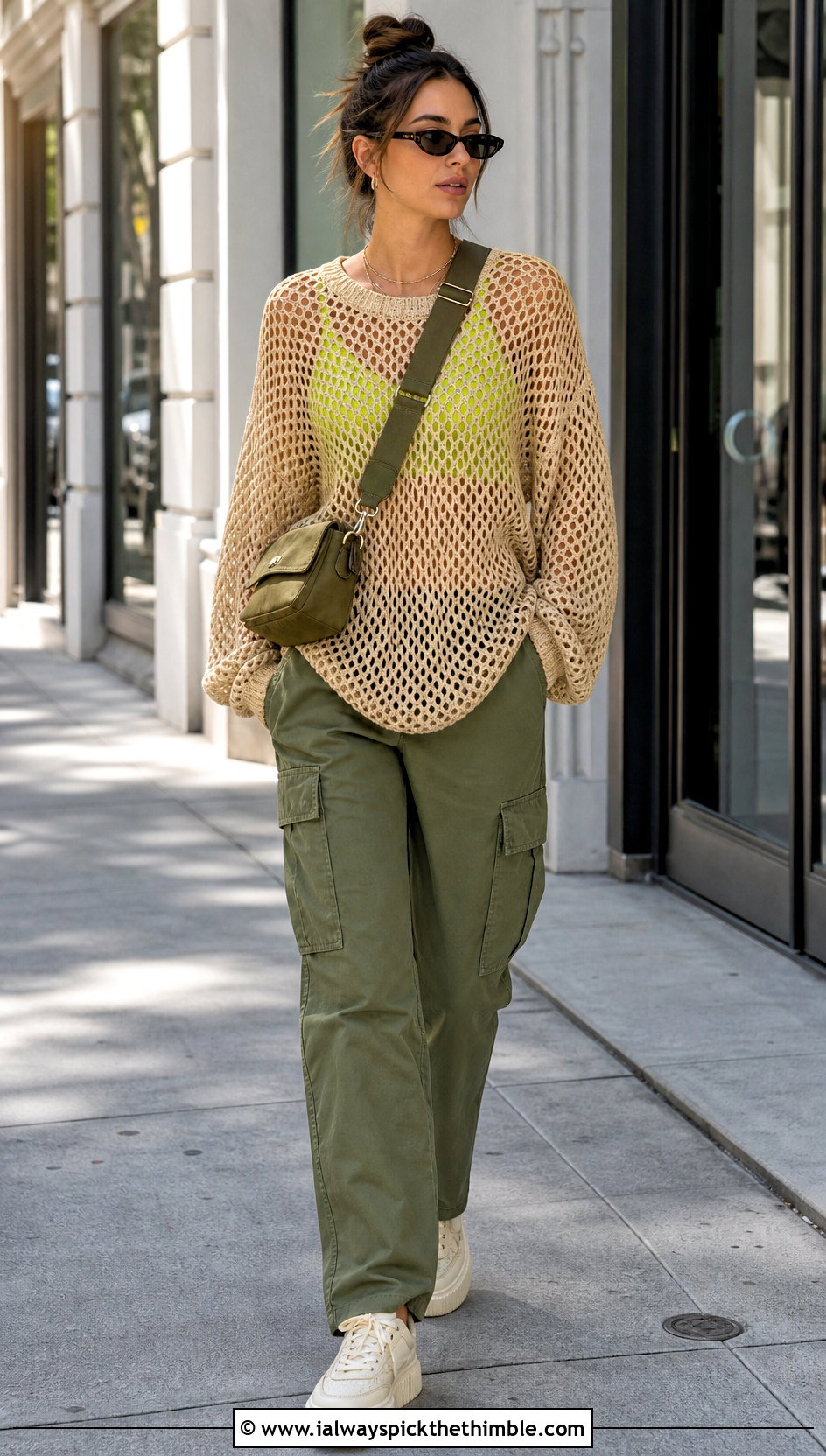 Beige Oversized Mesh Crochet Sweater With Cargo Pants - 15 Beige Crochet Sweater On Hanger outfit ideas