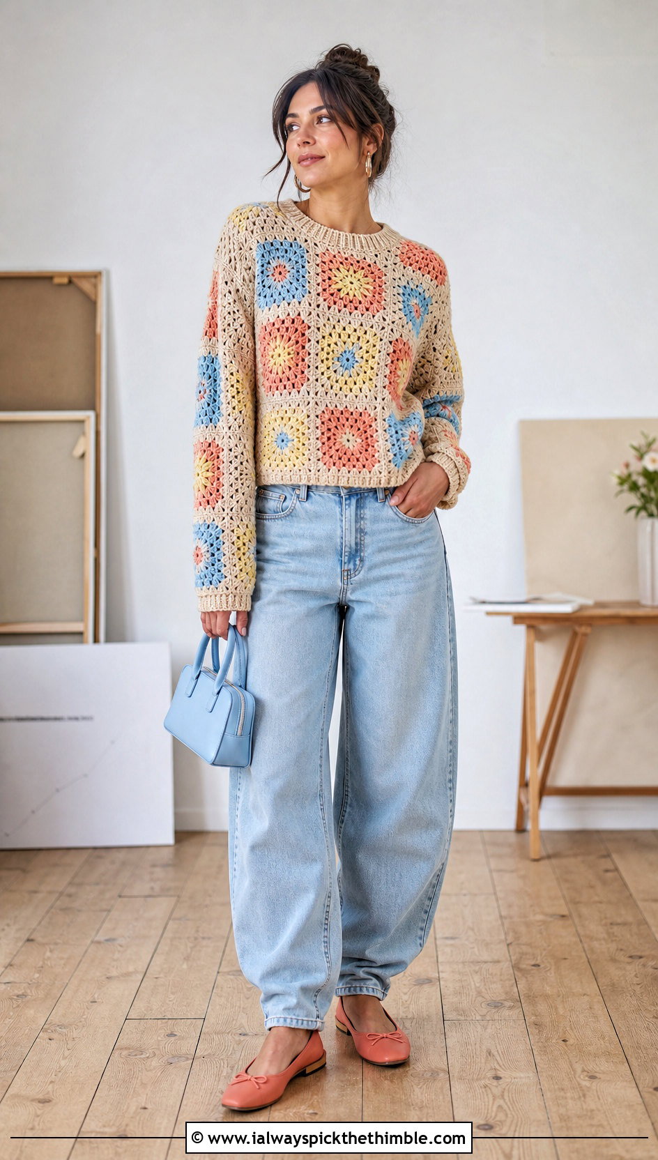 Beige Patchwork Sweater With Barrel Jeans - 15 Beige Crochet Sweater On Wooden Floor outfit ideas