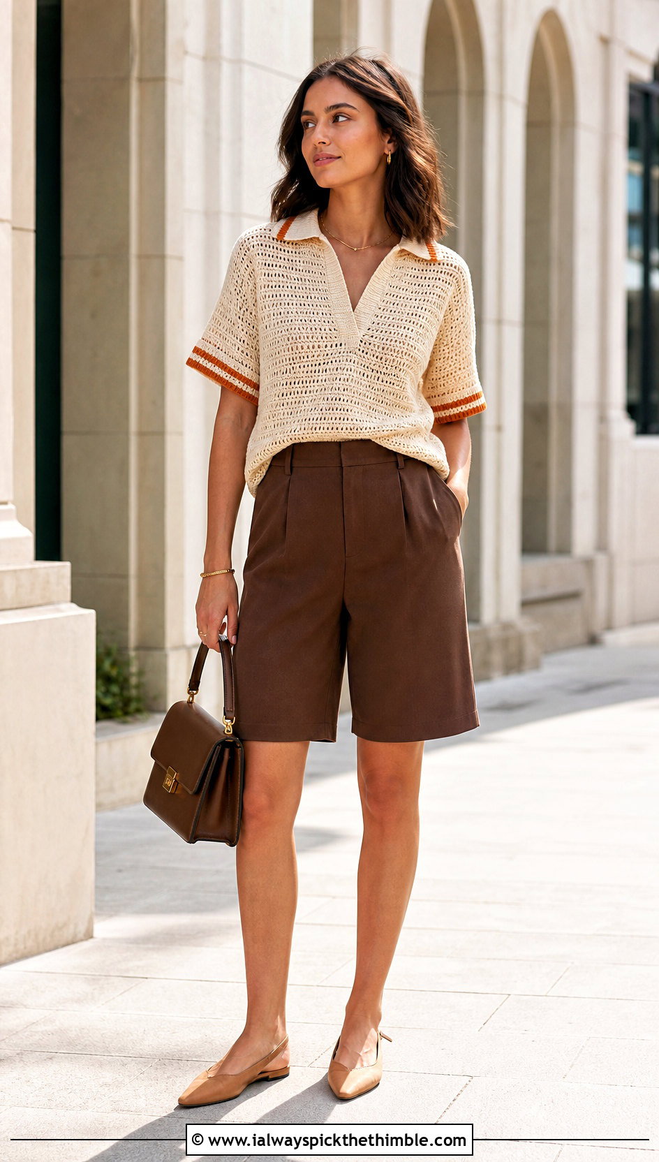 Beige Polo Collar Crochet Sweater With Tailored Shorts - 20 Brown And Beige Crochet Sweater outfit ideas