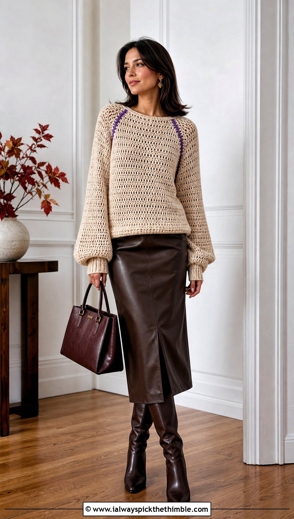Beige Raglan Crochet Sweater With Leather Midi Skirt - 15 Beige Crochet Sweater On Wooden Floor outfit ideas