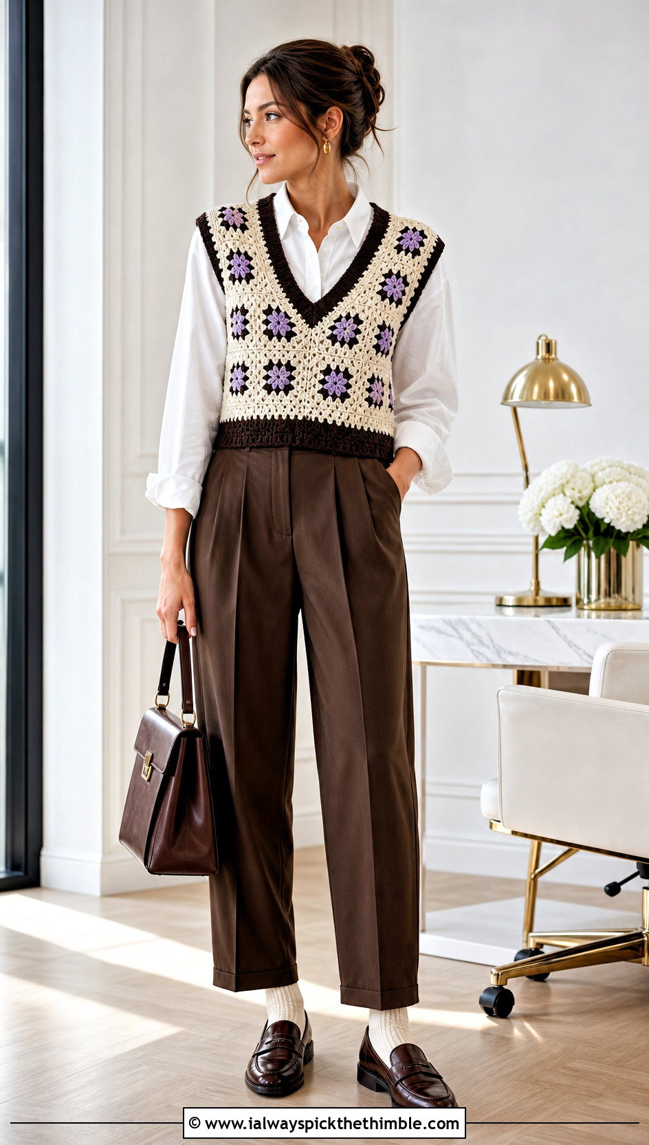 Beige V Neck Crochet Sweater Vest With Tailored Trousers - 20 Brown And Beige Crochet Sweater outfit ideas