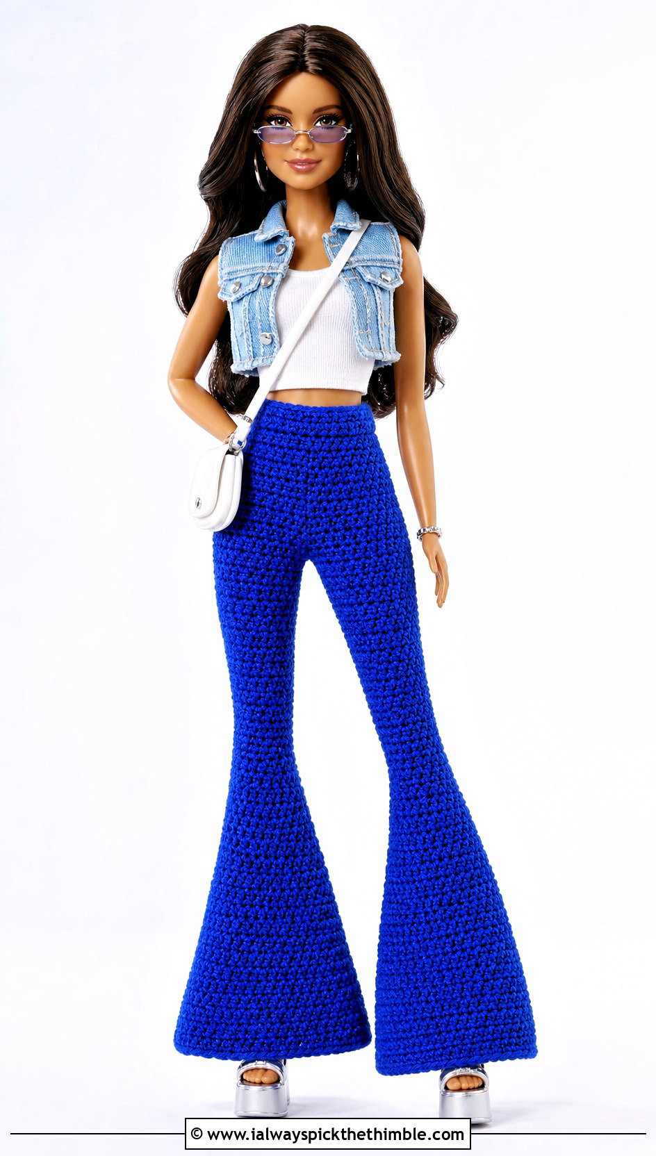 Bell Bottom Crochet Doll Pants With Denim Vest - 20 Crochet Pants For Dolls outfit ideas