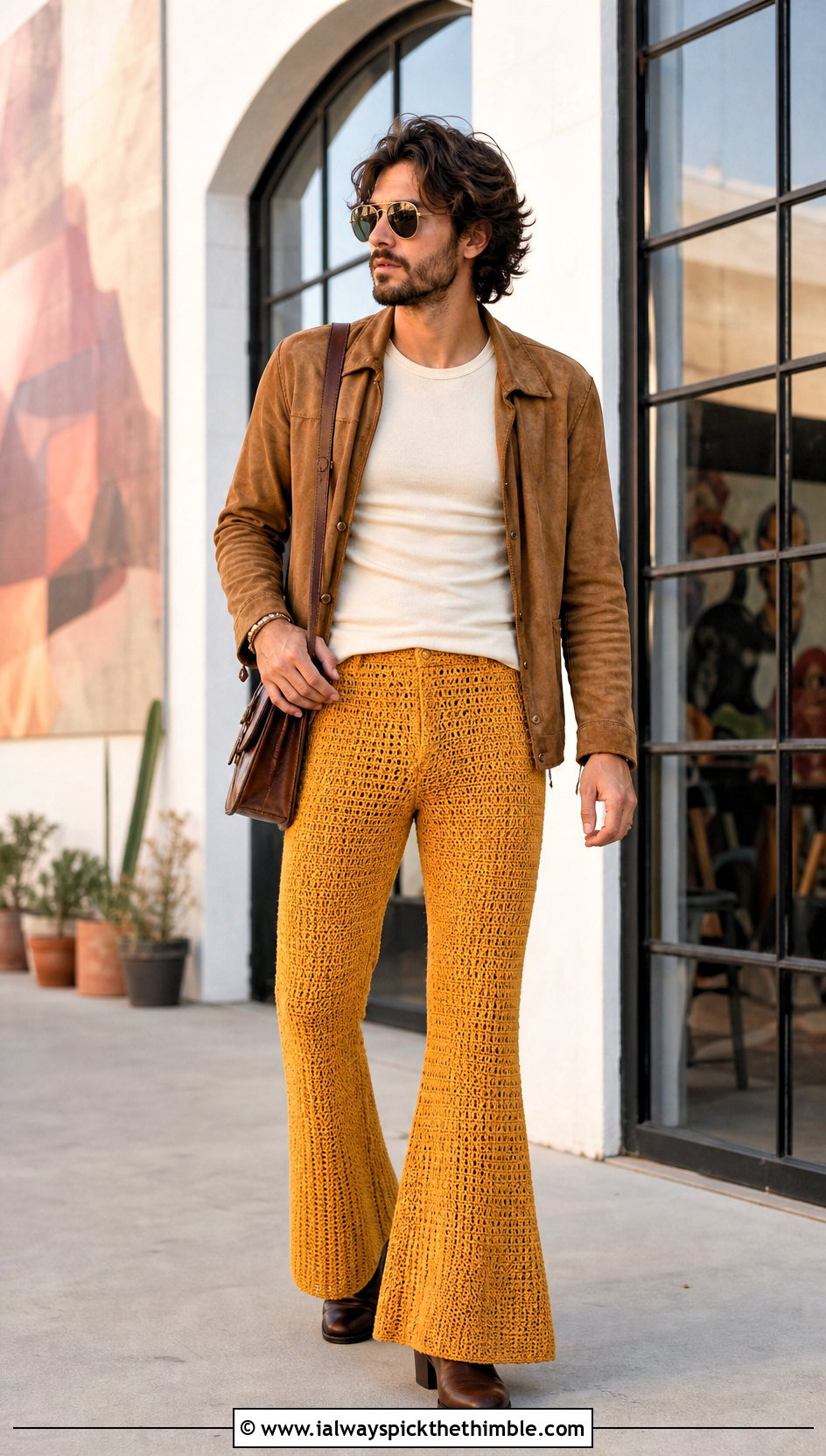 Bell Bottom Crochet Pants With Suede Overshirt - 25 crochet pants men outfit ideas