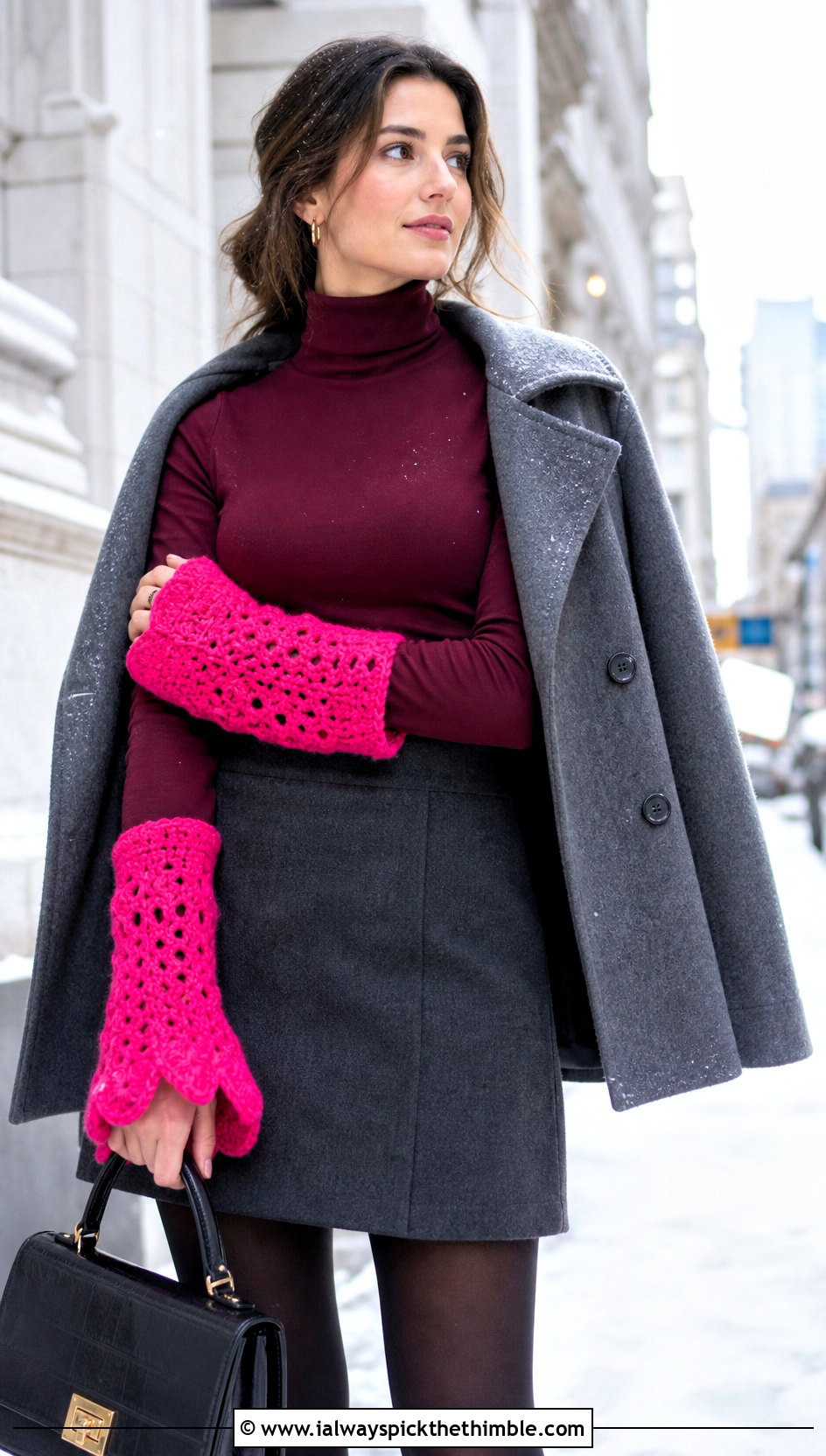 Bell Cuff Crochet Arm Warmers With Turtleneck And Mini Skirt - 25 crochet arm warmers outfit ideas