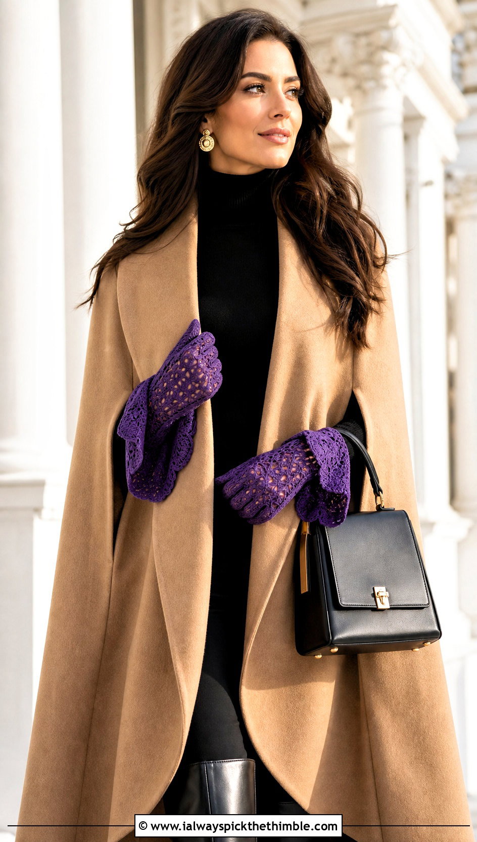 Bell Cuff Crochet Lace Gloves With Cape Coat - 20 lace crochet gloves outfit ideas