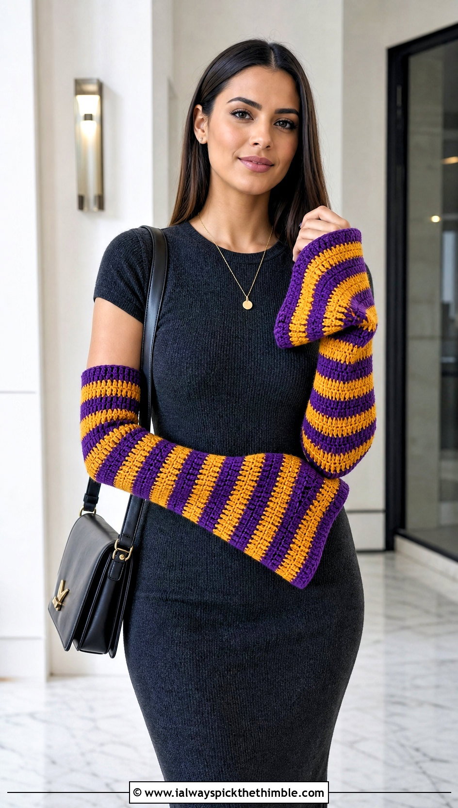 Bell Cuff Striped Crochet Arm Warmers With Knit Dress - 15 Striped Crochet Arm Warmers outfit ideas