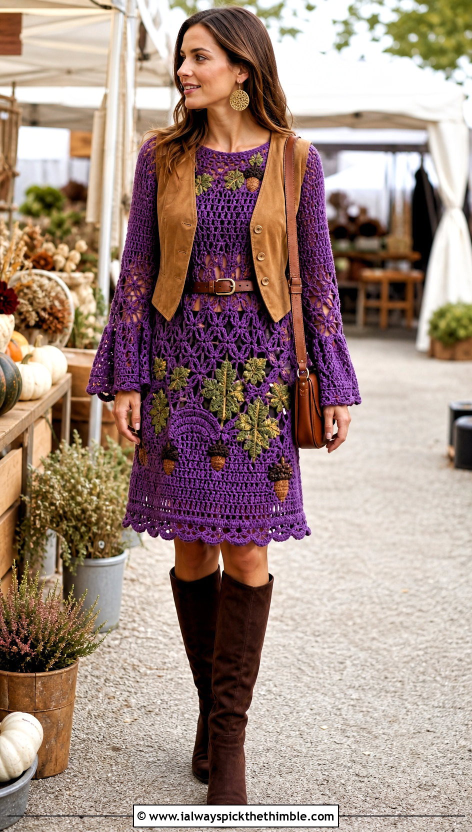 Bell Sleeve Acorn Crochet Dress With Suede Vest - 15 acorns crochet dress outfit ideas