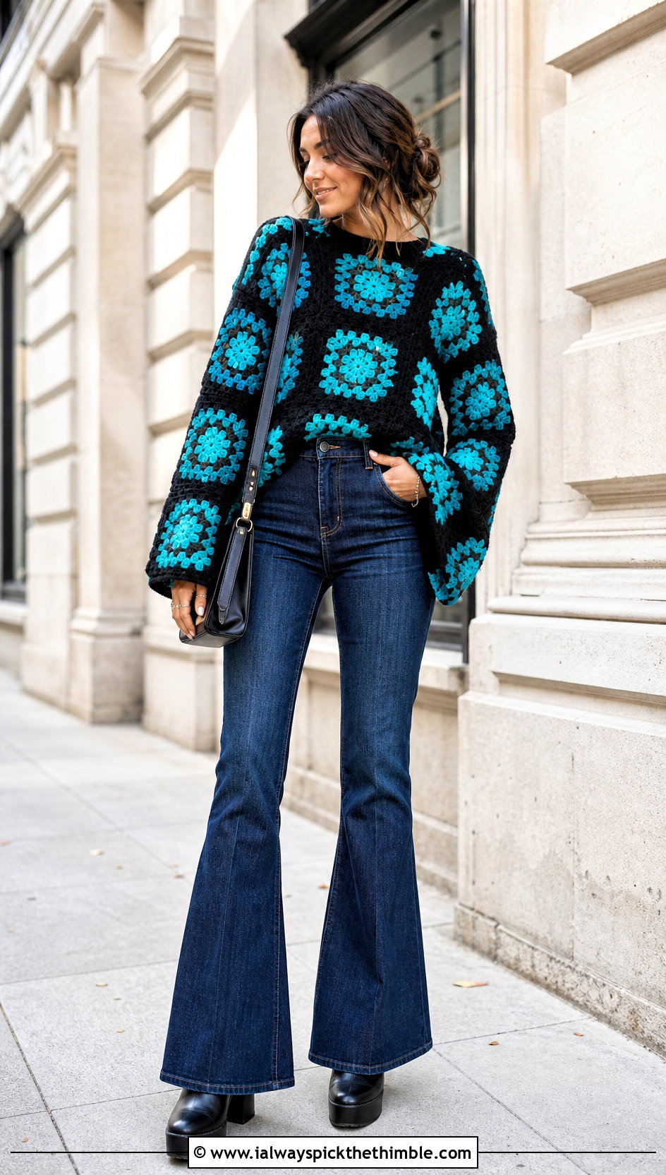 Bell Sleeve Black Granny Square Sweater With Flared Jeans - 20 black granny square sweater outfit ideas