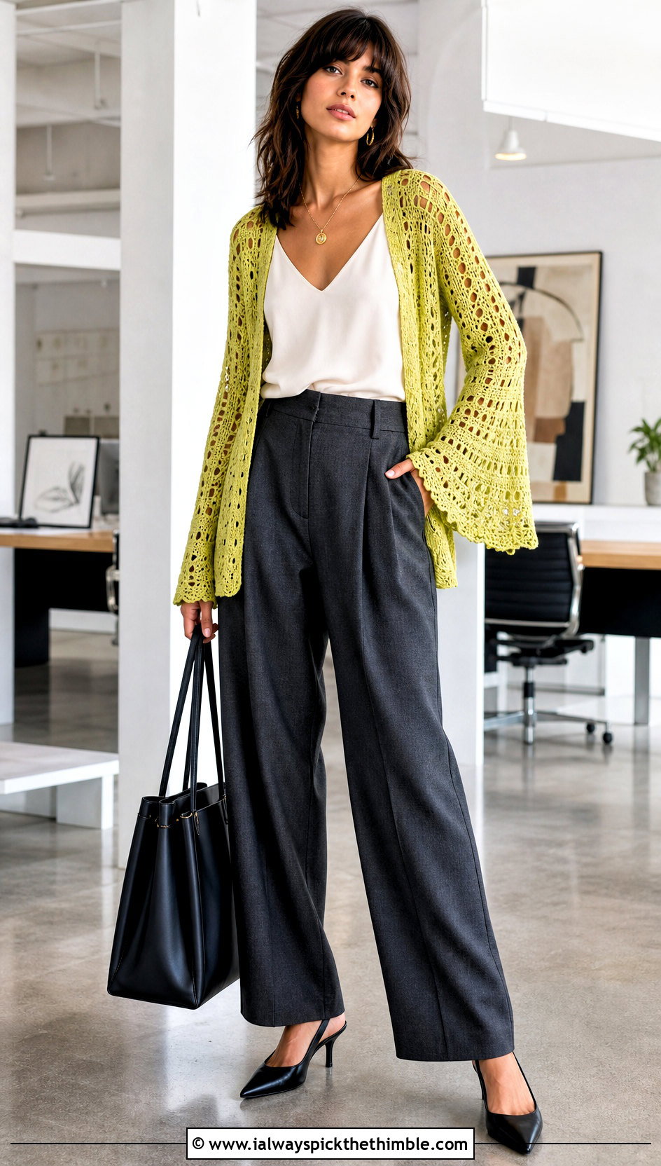 Bell Sleeve Boho Crochet Cardigan With Tailored Trousers - 25 crochet boho cardigan outfit ideas