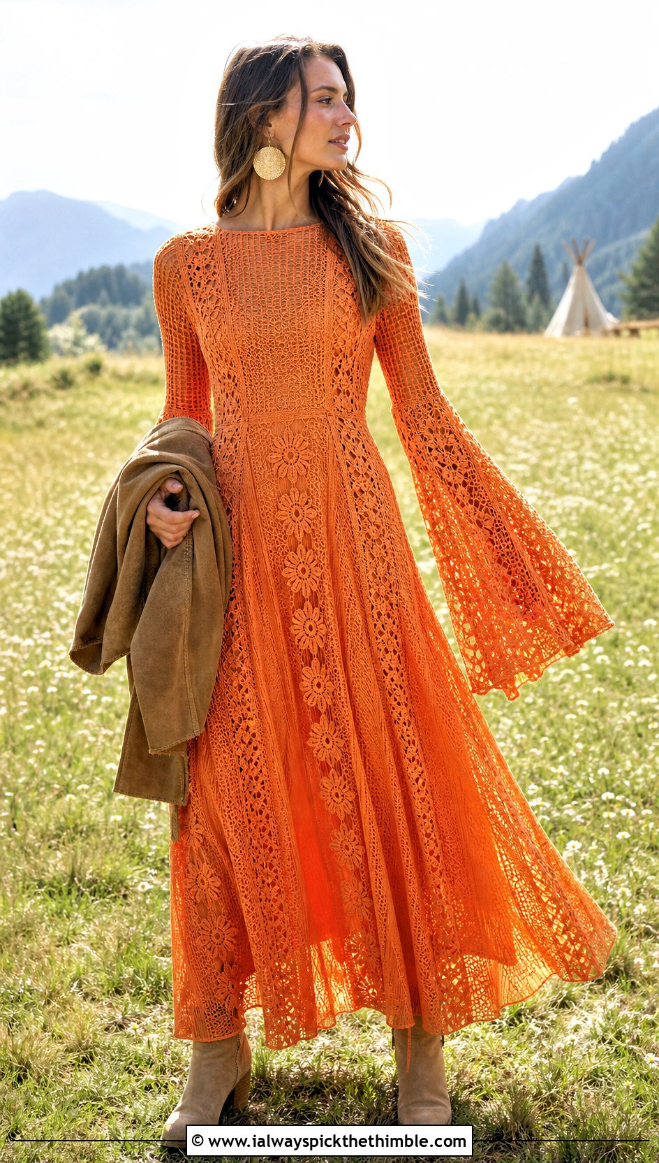 Bell Sleeve Boho Hand Crochet Wedding Dress With Suede Boots - 15 Hand Crochet Wedding Dress outfit ideas