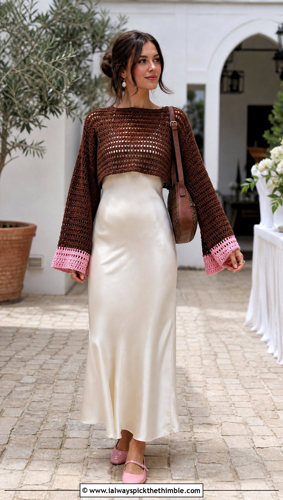 Bell Sleeve Brown Crochet Sweater With Slip Dress - 25 crochet brown sweater outfit ideas