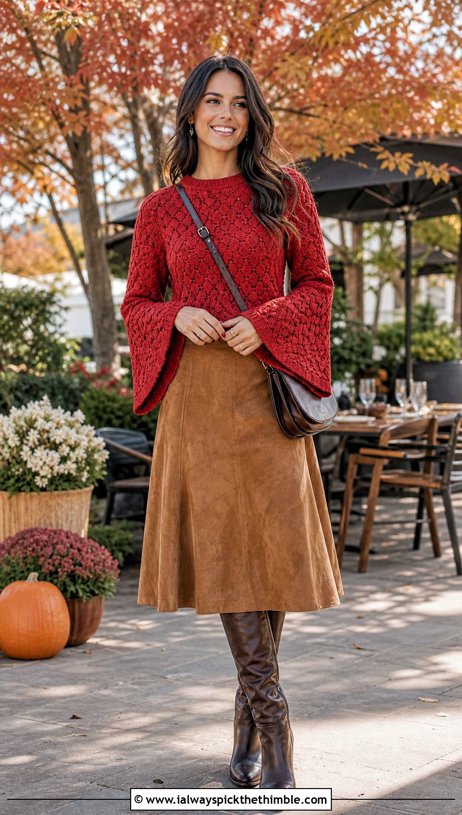 Bell Sleeve C2C Crochet Sweater With Suede Midi Skirt - 20 c2c crochet sweater outfit ideas