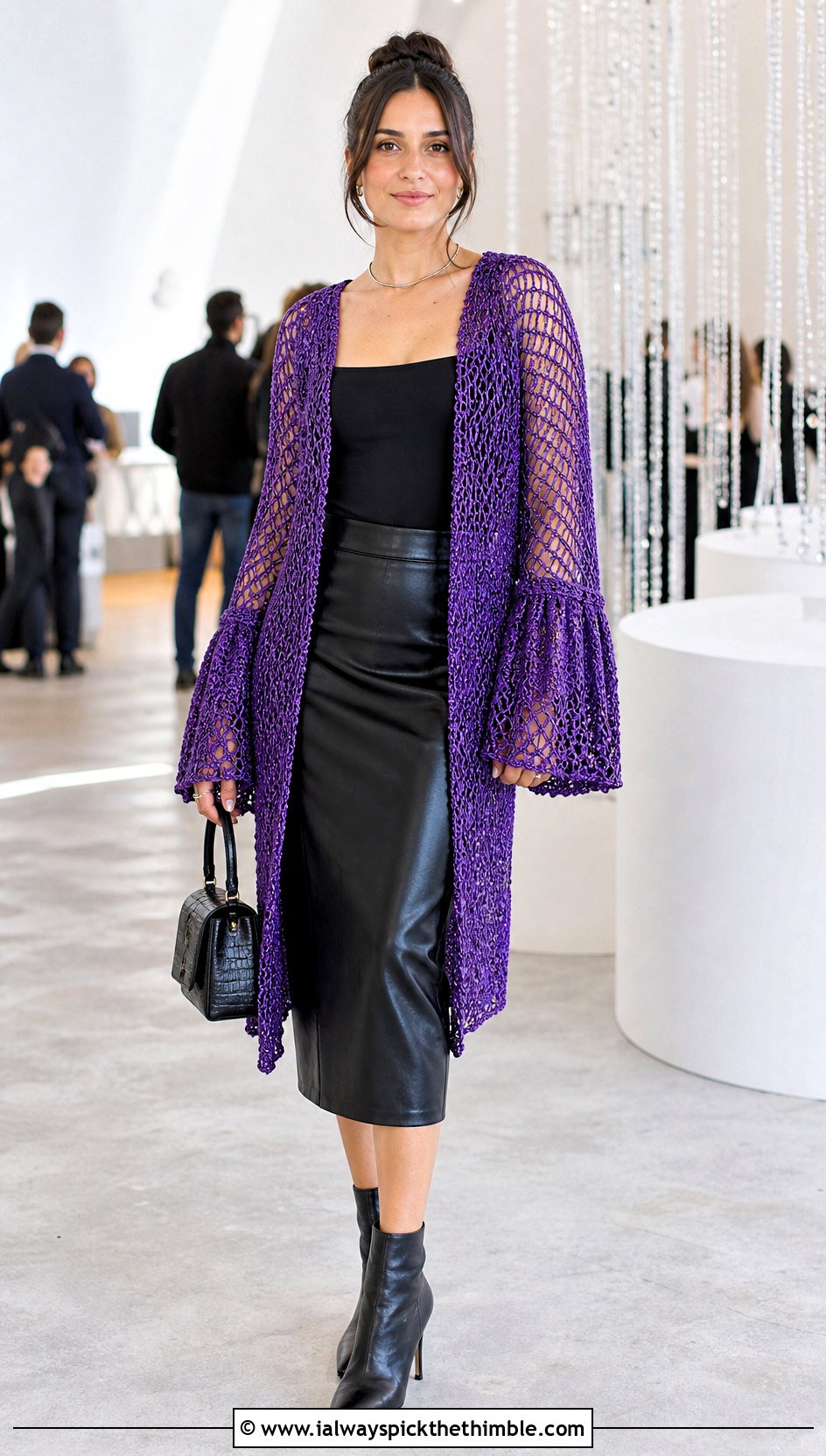 Bell Sleeve Chain Mesh Crochet Cardigan With Leather Skirt - 25 crochet mesh cardigan outfit ideas