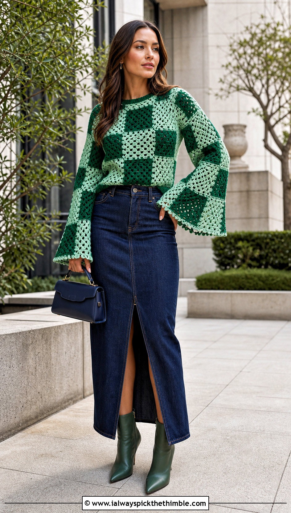 Bell Sleeve Checkered Crochet Sweater With Denim Maxi Skirt - 20 checkered crochet sweater outfit ideas