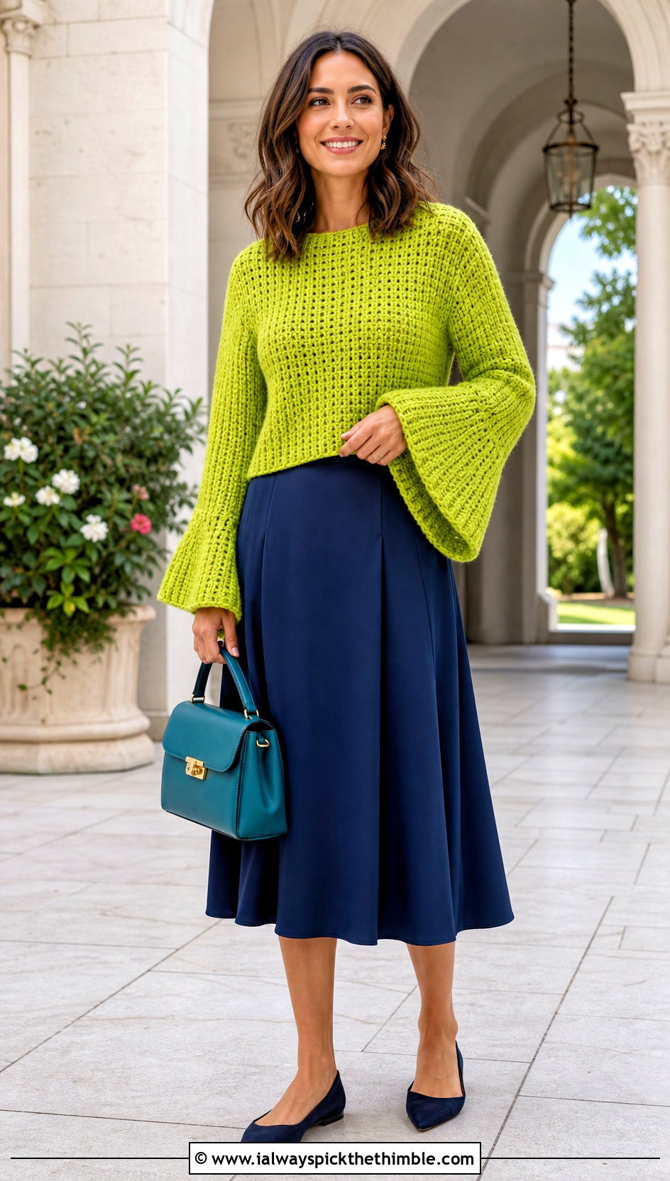 Bell Sleeve Chunky Crochet Sweater With A Line Midi Skirt - 20 Easy Chunky Crochet Sweater outfit ideas