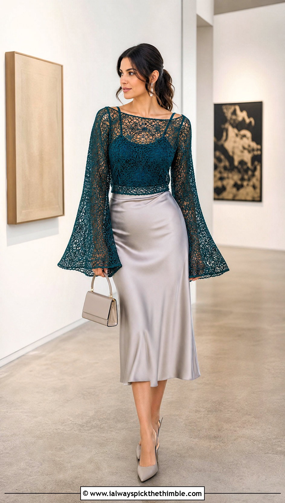 Bell Sleeve Cobweb Top With Satin Midi Skirt - 20 Crochet Cobweb Top outfit ideas