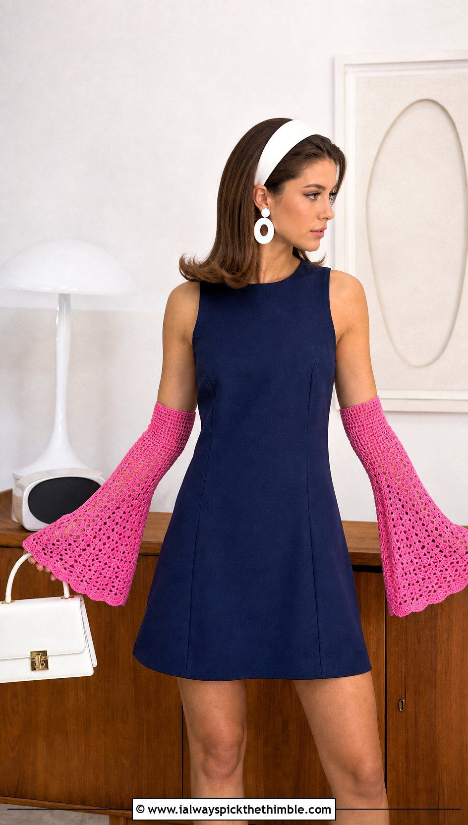 Bell Sleeve Crochet Arm Warmers With Mod Mini Dress - 15 crochet arm warmers vintage-styled outfit ideas