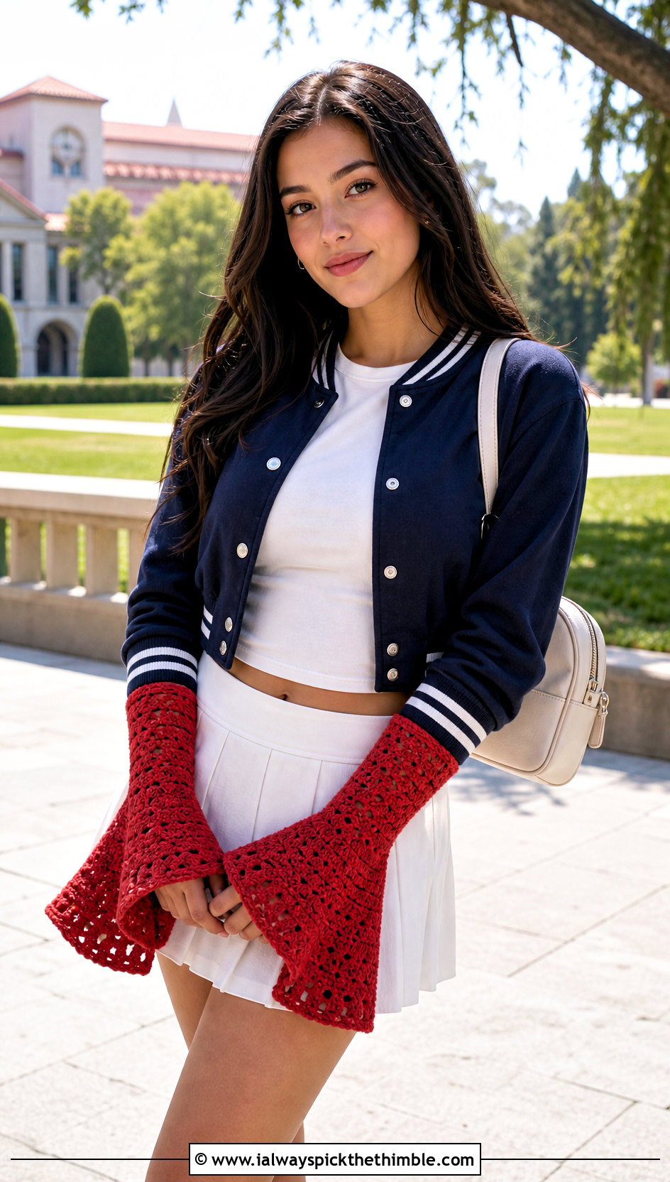 Bell Sleeve Crochet Arm Warmers With Tennis Skirt And Varsity Jacket - 20 Crochet Arm Warmer outfit ideas