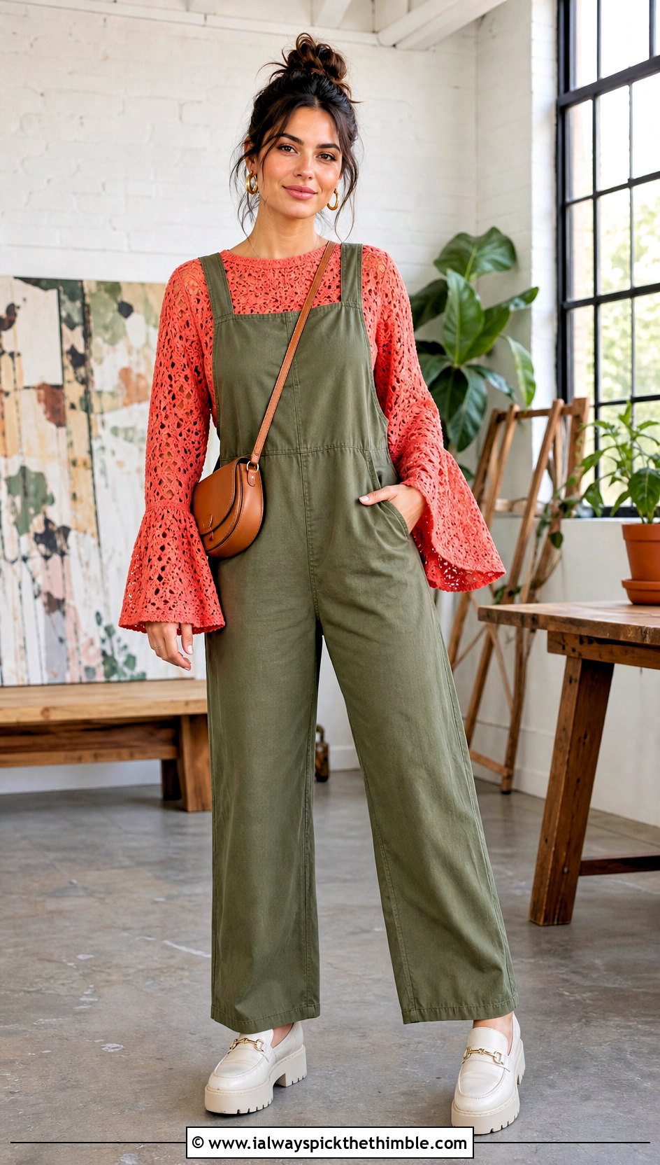 Bell Sleeve Crochet Blouse With A Utility Jumpsuit - 15 quick crochet blouse outfit ideas
