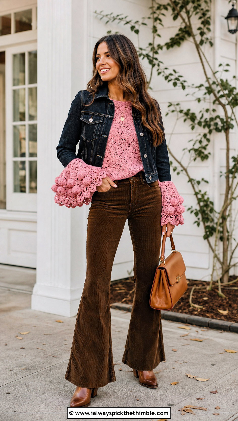 Bell Sleeve Crochet Blouse With Corduroy Pants - 15 fall crochet blouse outfit ideas