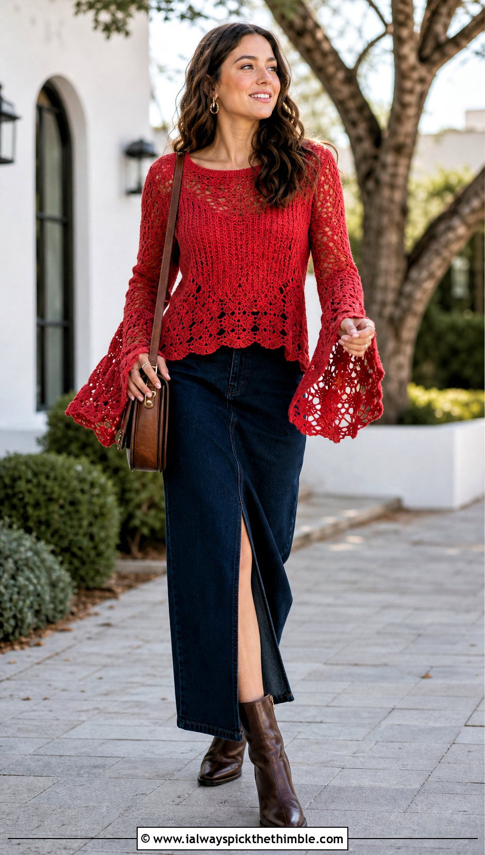 Bell Sleeve Crochet Blouse With Denim Maxi Skirt - 20 crochet top for outfit ideas