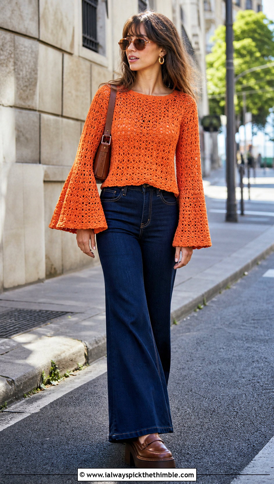 Bell Sleeve Crochet Blouse With Flared Jeans - 20 cute crocheted tops outfit ideas
