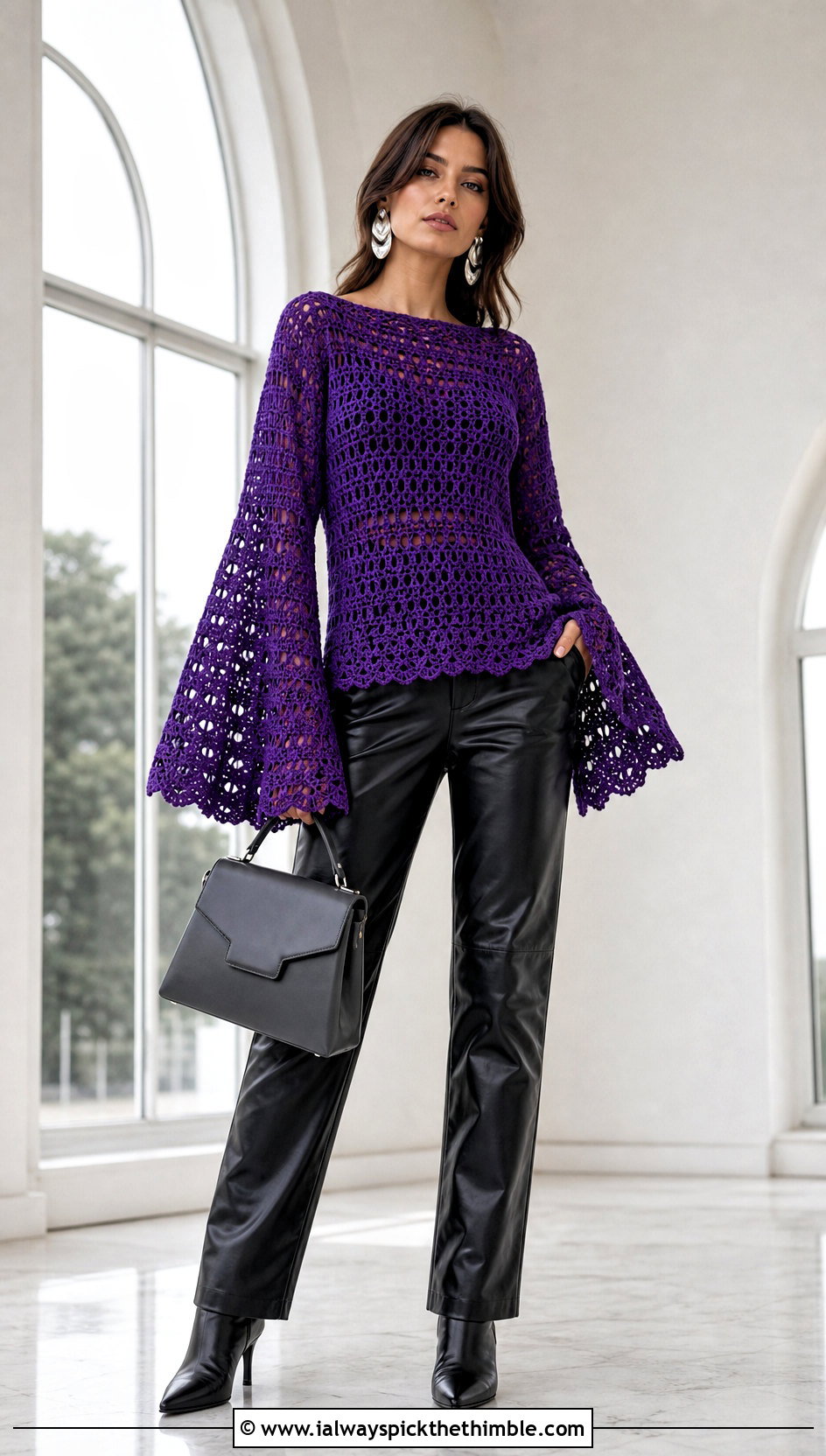 Bell Sleeve Crochet Blouse With Leather Pants - 25 easy crochet tops outfit ideas