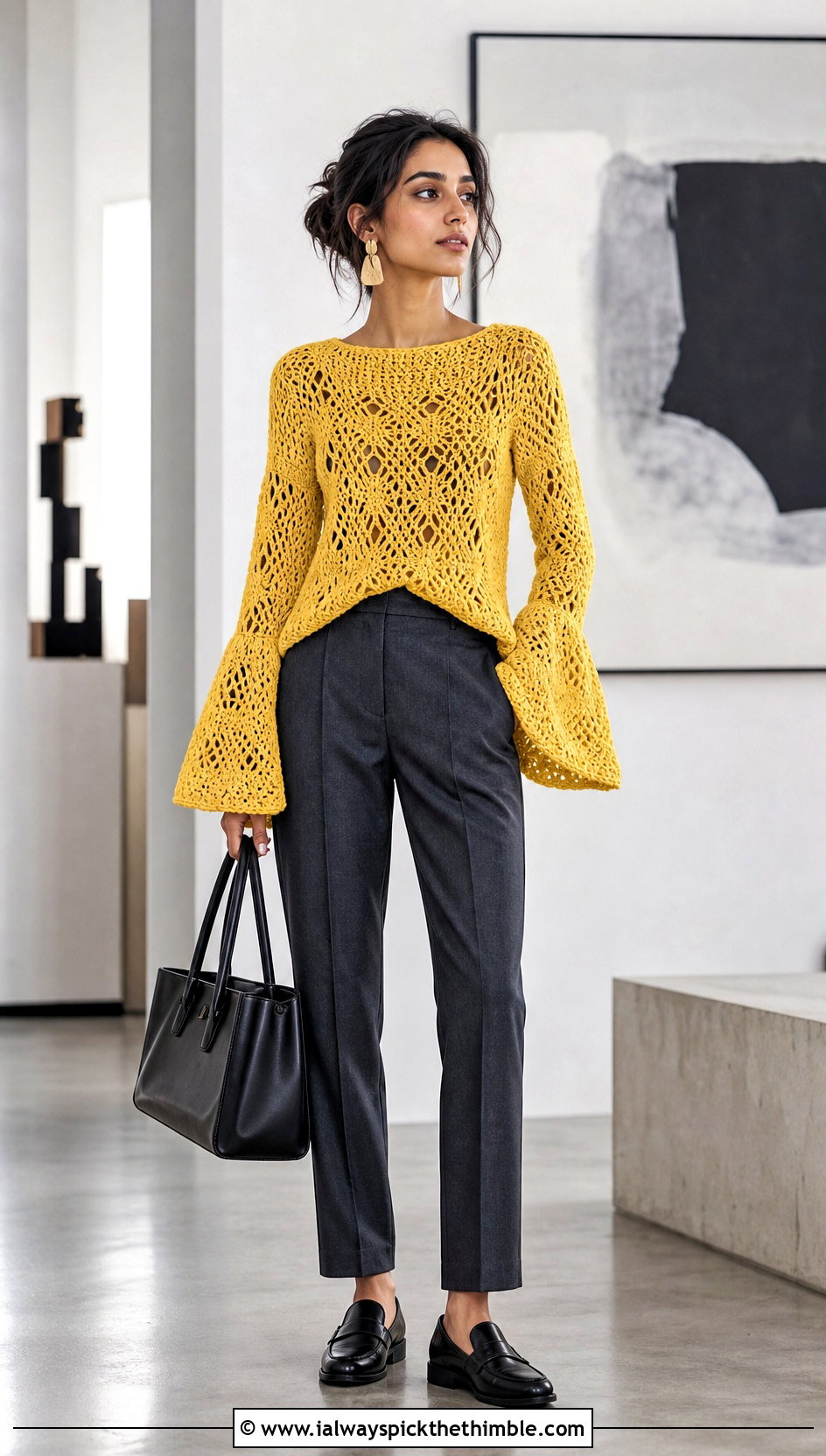 Bell Sleeve Crochet Boho Sweater With Tailored Trousers - 20 crochet boho sweater outfit ideas