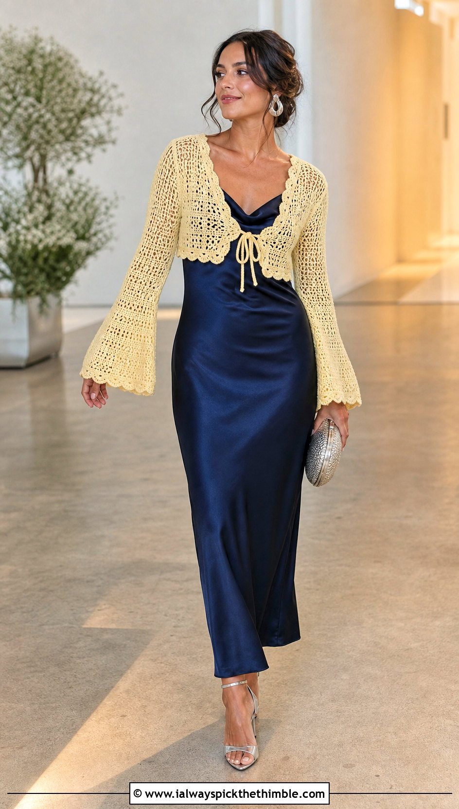 Bell Sleeve Crochet Bolero Top With Satin Slip Dress - 20 crochet bolero top outfit ideas