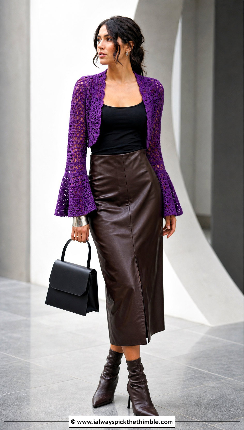 Bell Sleeve Crochet Bolero With Leather Midi Skirt - 20 Crochet Bolero Sweater outfit ideas