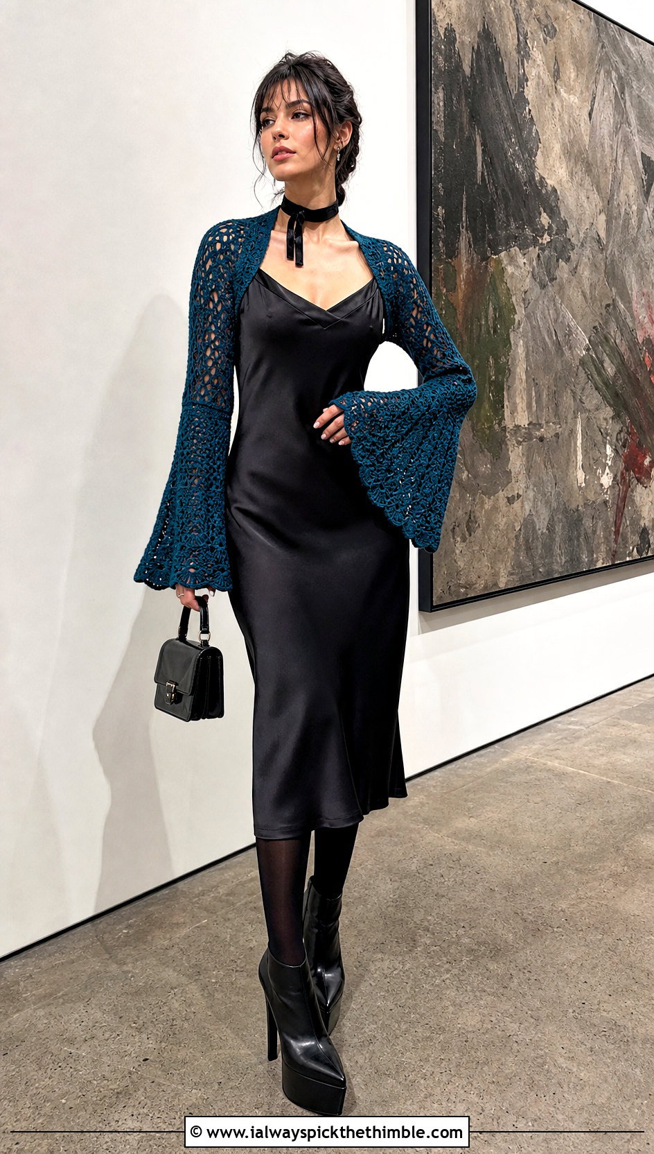 Bell Sleeve Crochet Bolero With Satin Dress - 25 Crochet Goth Clothes and outfit ideas