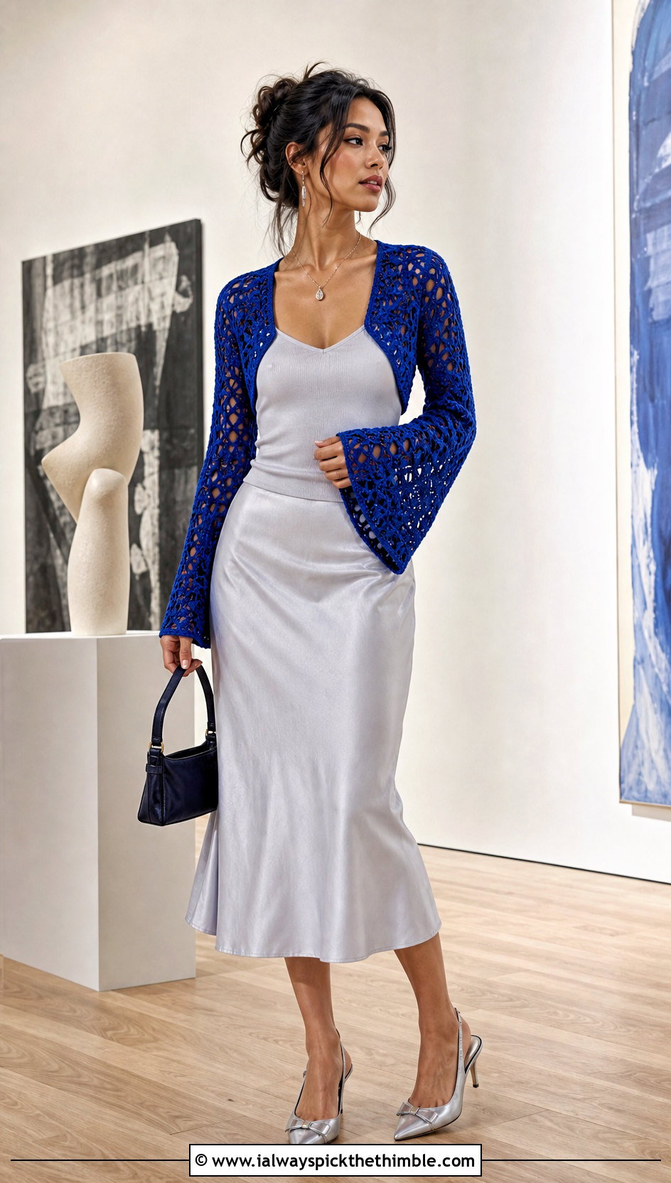 Bell Sleeve Crochet Bolero With Satin Midi Skirt - 20 Mini Crochet Sweater outfit ideas