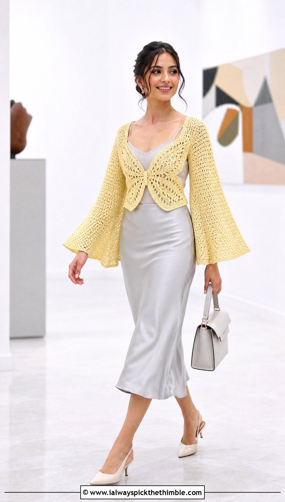 Bell Sleeve Crochet Butterfly Shrug With Satin Midi Skirt - 15 Crochet Butterfly Shrug outfit ideas