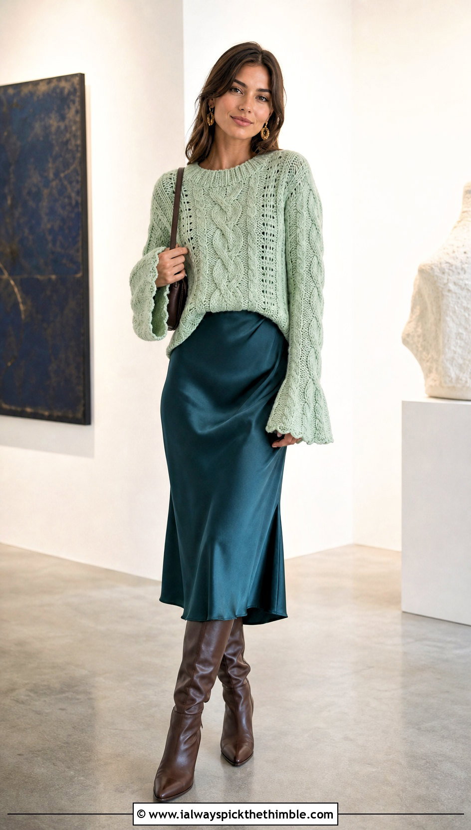 Bell Sleeve Crochet Cable Sweater With Slip Dress - 20 crochet cable knit sweater outfit ideas