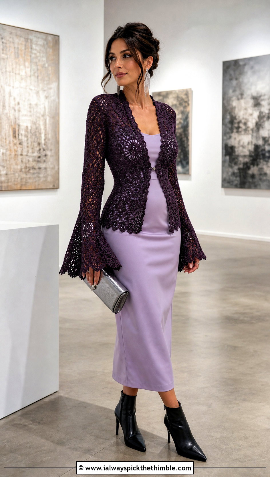 Bell Sleeve Crochet Cardigan With Column Dress - 15 Fitted Crochet Cardigan outfit ideas