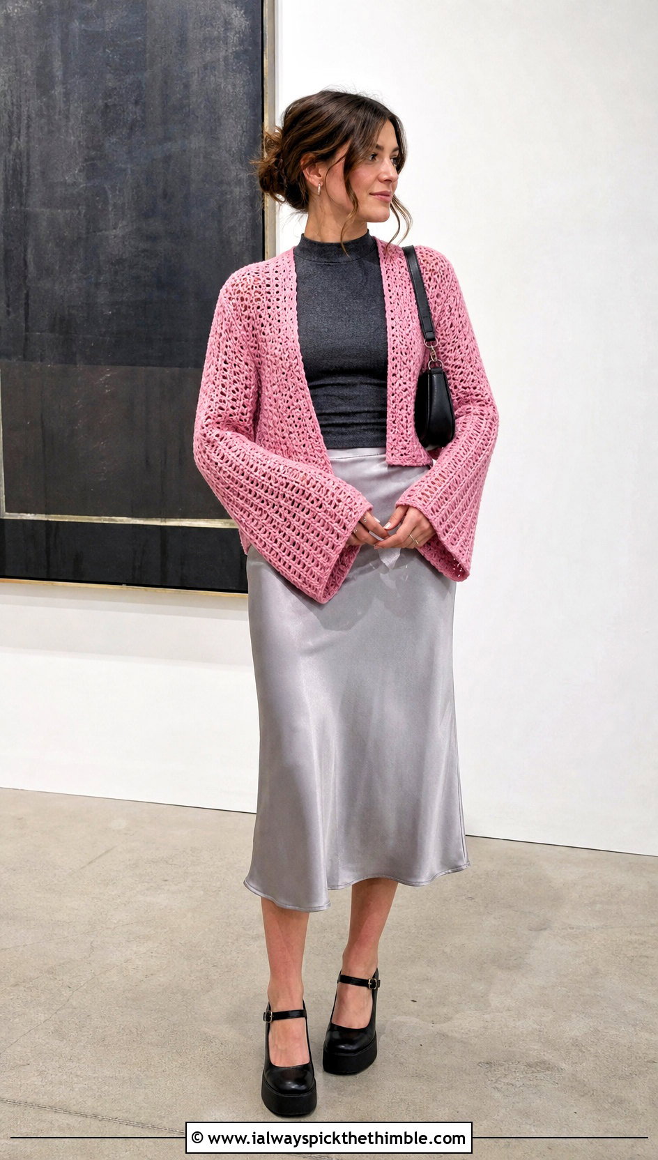 Bell Sleeve Crochet Cardigan With Satin Midi Skirt - 20 witchy crochet cardigan outfit ideas