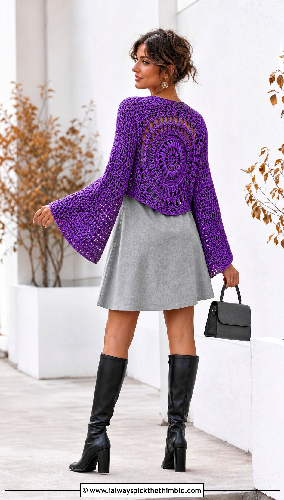 Bell Sleeve Crochet Circle Sweater With Mini Dress - 20 crochet circle sweater outfit ideas