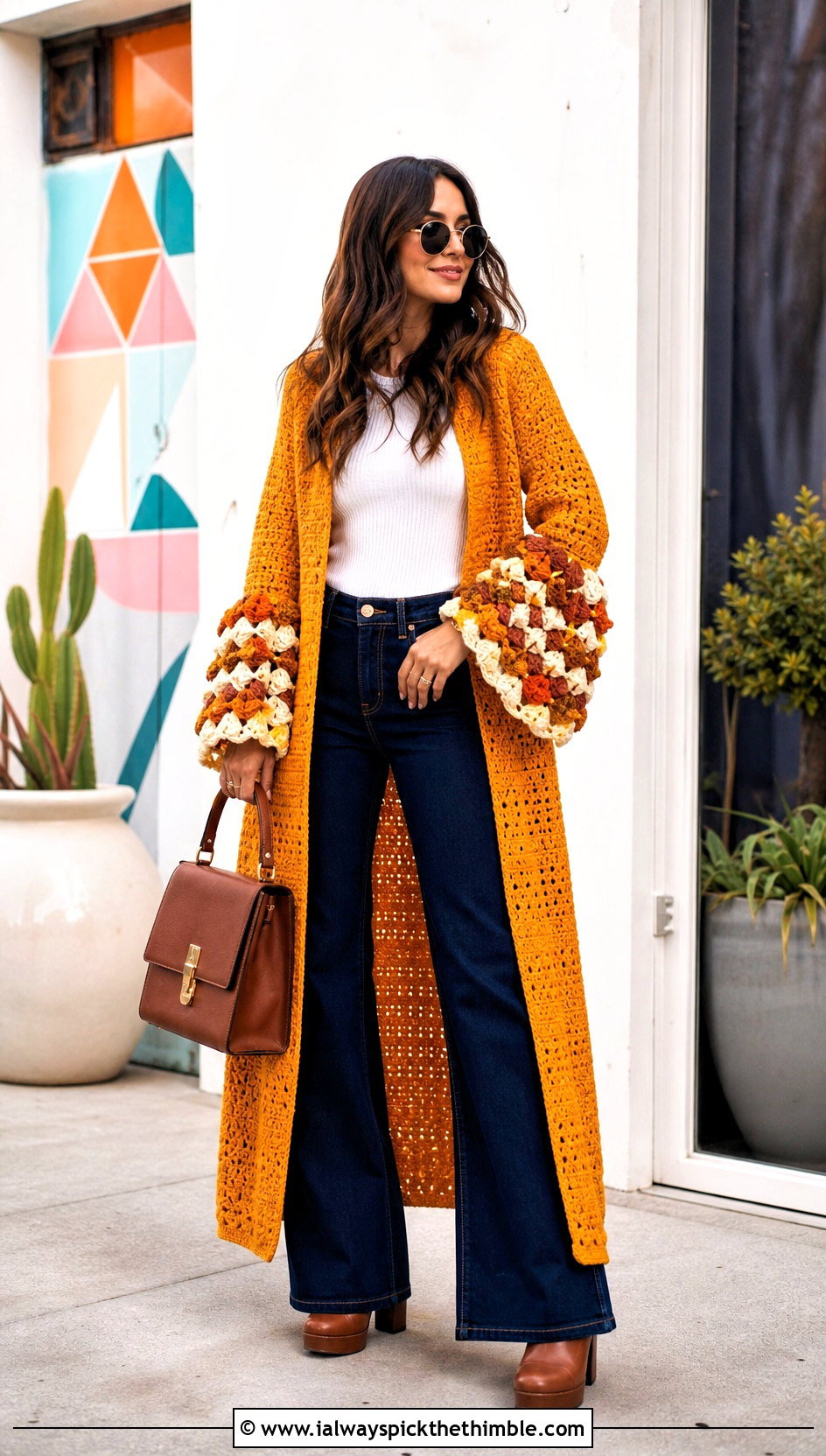 Bell Sleeve Crochet Coat With Flared Jeans - 25 crochet coat outfit ideas