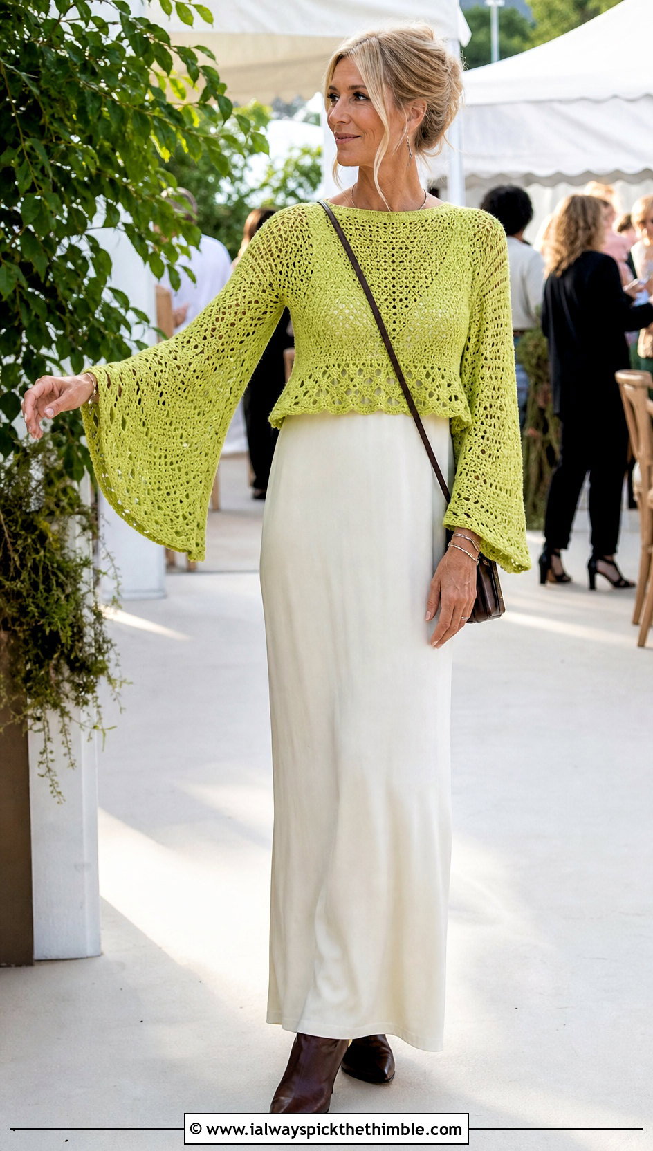 Bell Sleeve Crochet Couch Sweater Over A Maxi Dress - 15 Crochet Couch Sweater outfit ideas