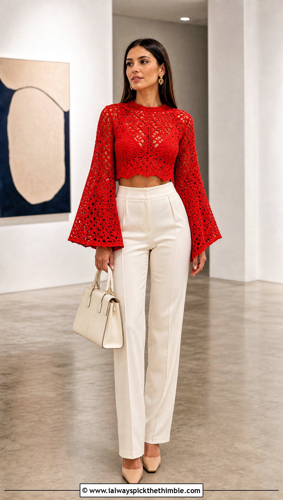 Bell Sleeve Crochet Crop Top With Tailored Trousers - 25 crochet long sleeve top outfit ideas