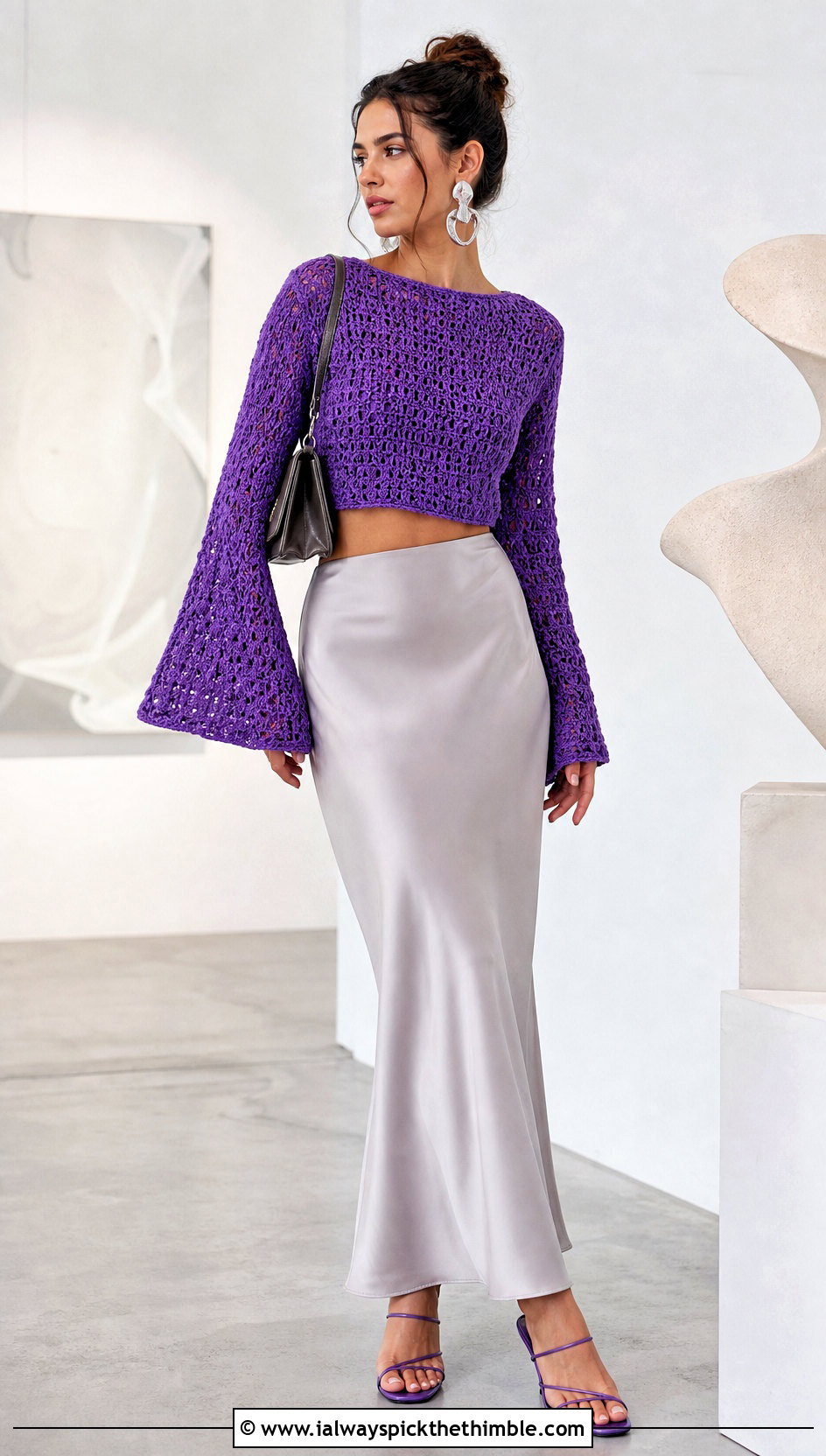 Bell Sleeve Crochet Cropped Jumper With Satin Slip Skirt - 20 crochet cropped jumper outfit ideas