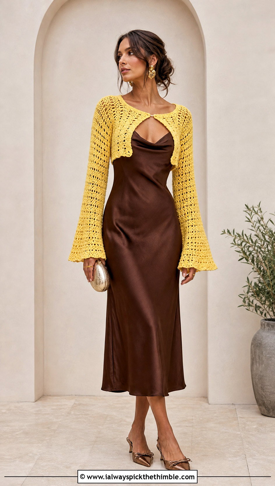 Bell Sleeve Crochet Cropped Shrug With Satin Slip Dress - 20 Crochet Cropped Shrug outfit ideas