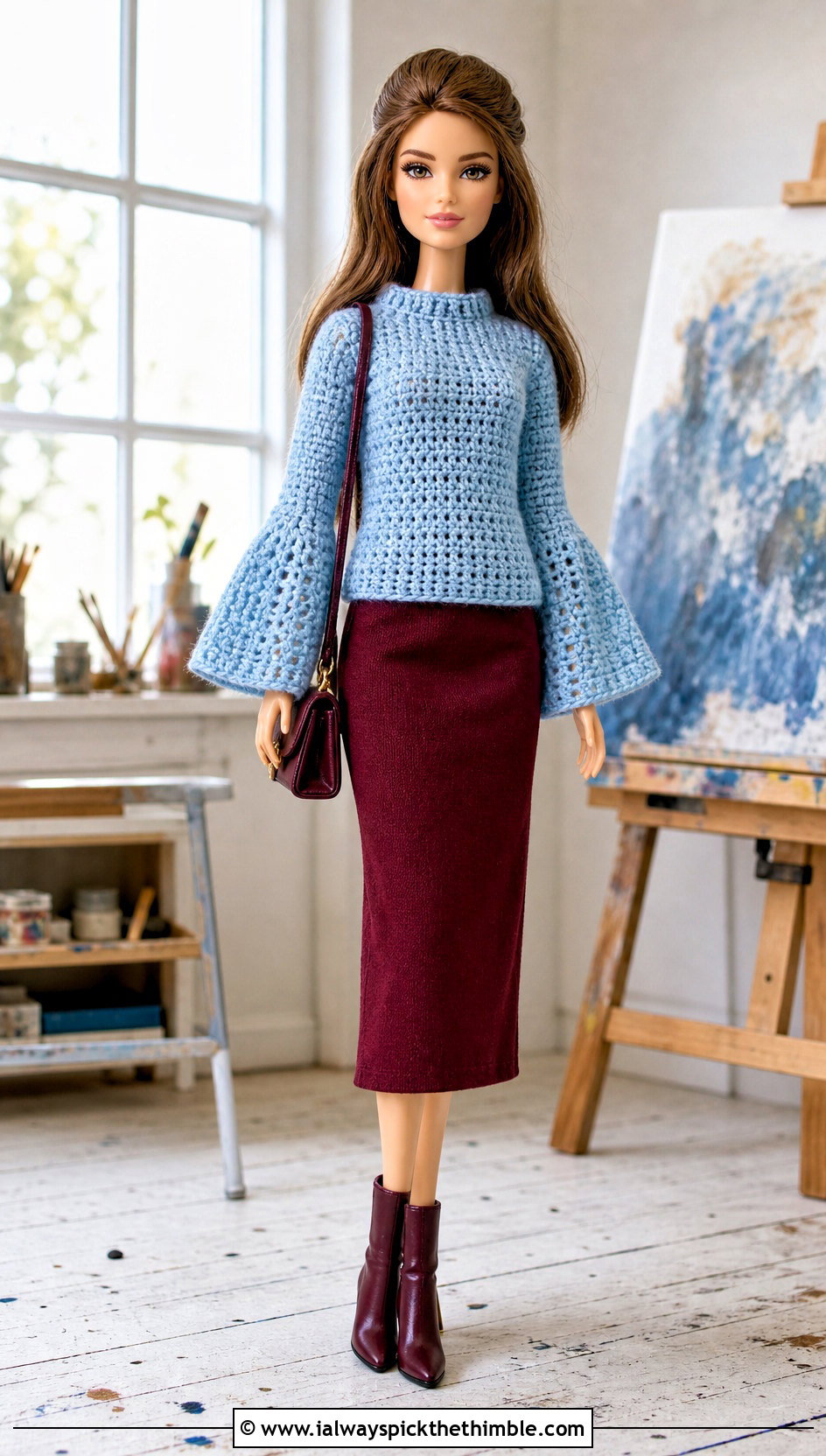 Bell Sleeve Crochet Doll Sweater With Straight Midi Skirt - 25 crochet doll sweater outfit ideas