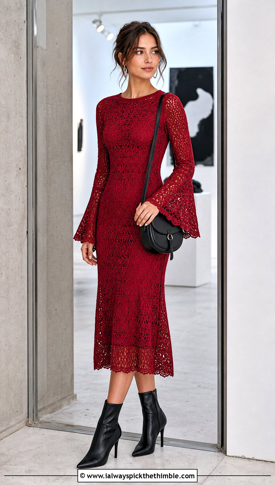 Bell Sleeve Crochet Dress With Ankle Boots - 25 easy crochet dress outfit ideas